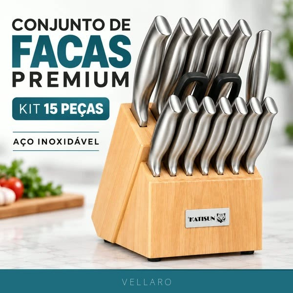 Kit 15 Peças de Facas de Cozinha em Aço Inox com Suporte de Madeira – Corte Preciso e Alta Durabilidade