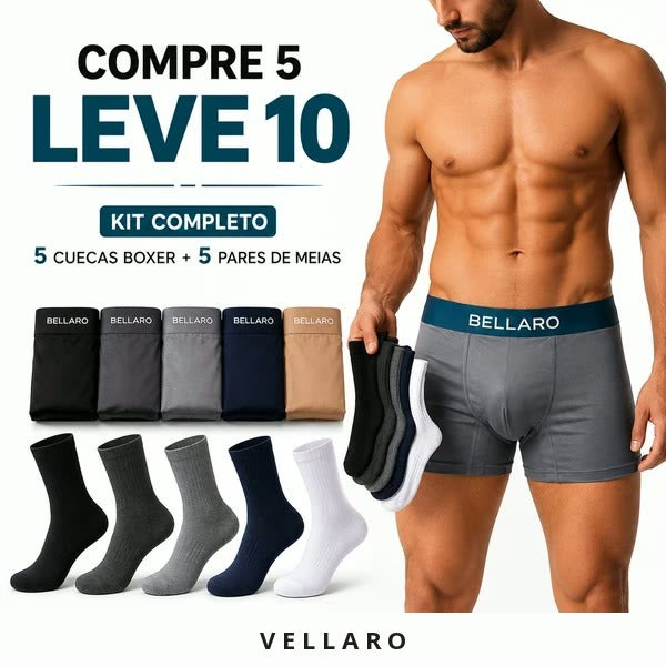 [Leve 10 e Pague 5] Kit Masculino Vellaro – 5 Cuecas Boxer Premium + 5 Pares de Meias