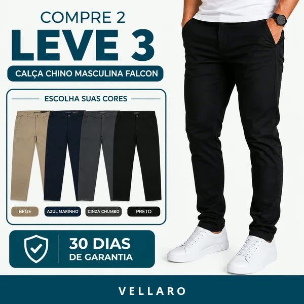 [Leve 3 e Pague 2] Calça Chino Masculina Falcon em Sarja de Algodão com Elastano | Conforto e Elegância